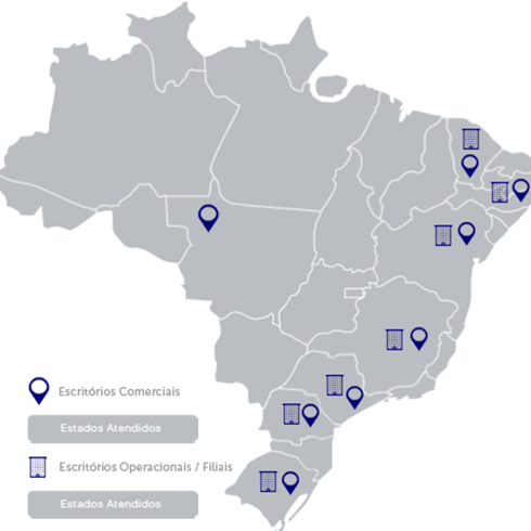 Mapa de onde encontrar os escritórios comerciais LM Mobilidade no Brasil